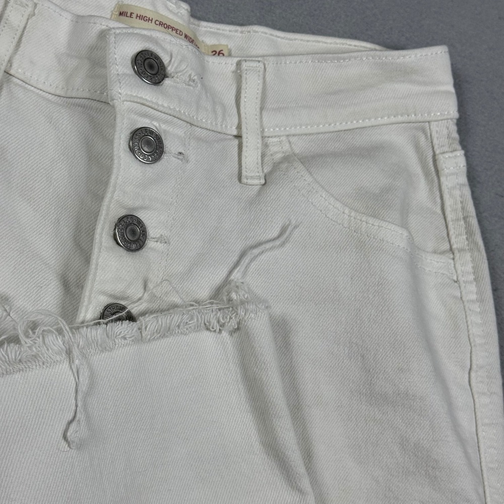 Levis Mile High Cropped Wide Leg Jeans White Raw Hem Button Fly Womens 26